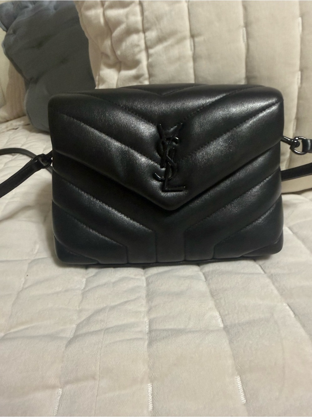 Saint Laurent Black Quilted Chevron Leather Crossbody Bag